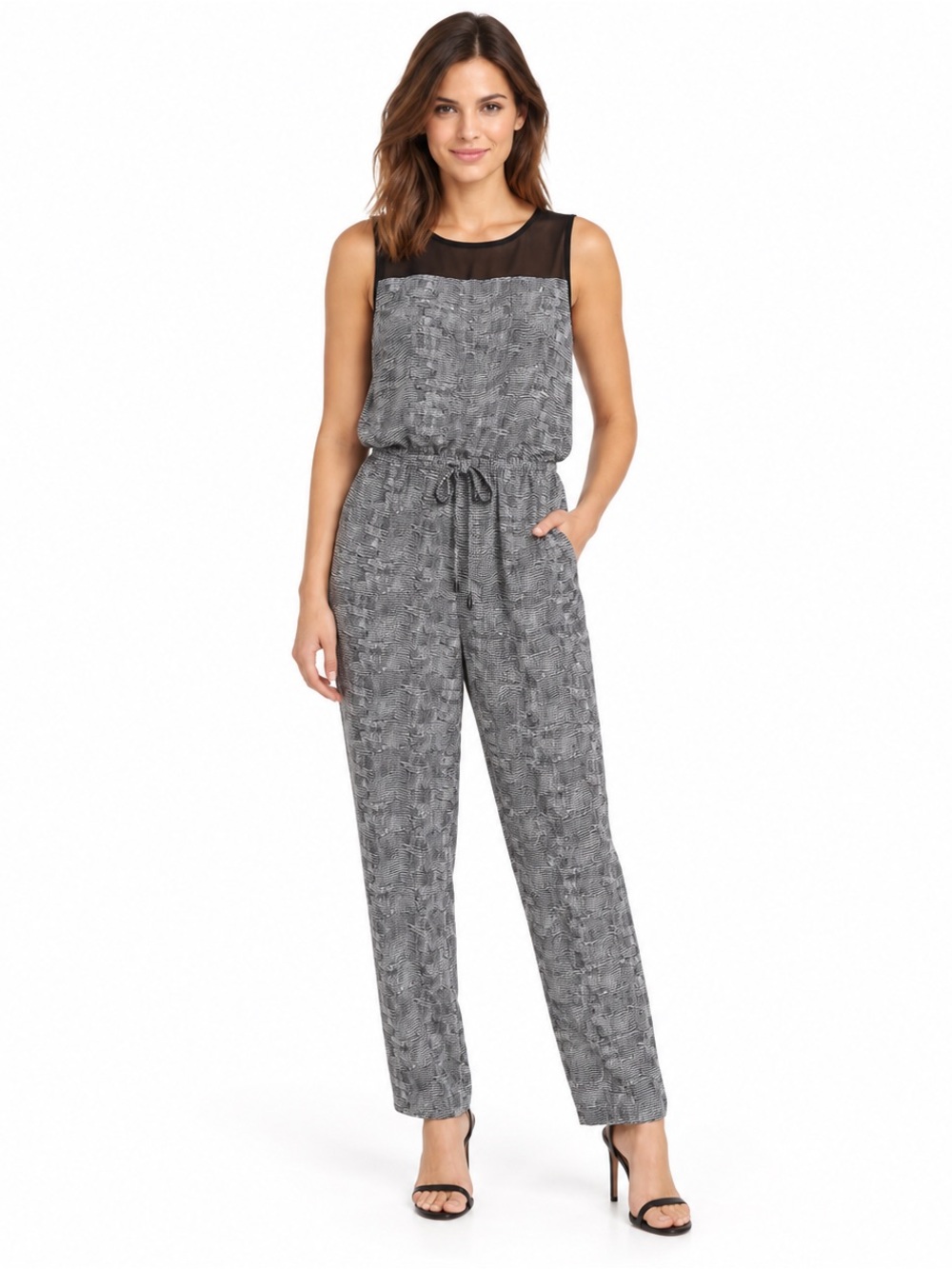 Vince Camuto Printed Sleeveless Scale Jumpsuit Mesh Drawstring Waist Size Small